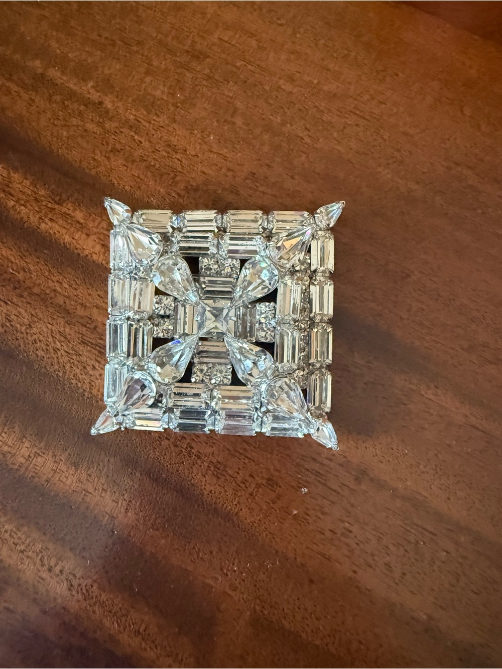 Vintage colorless rhinestone large square tiered brooch